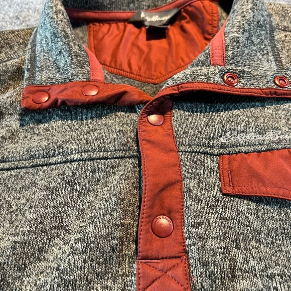 Eddie‎ Bauer Mens L Gray Pullover Fleece Button Mock Neck Pocket Sweater - Picture 4 of 9